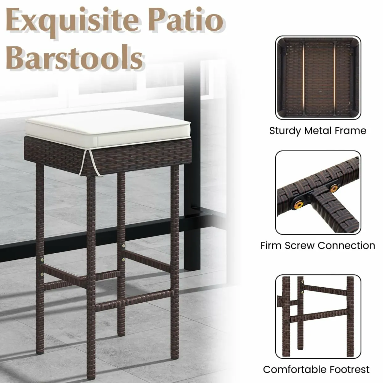 Tangkula Patio Rattan Barstools Set, Outdoor Wicker Bar Height Chairs with Footrest & Soft Cushions