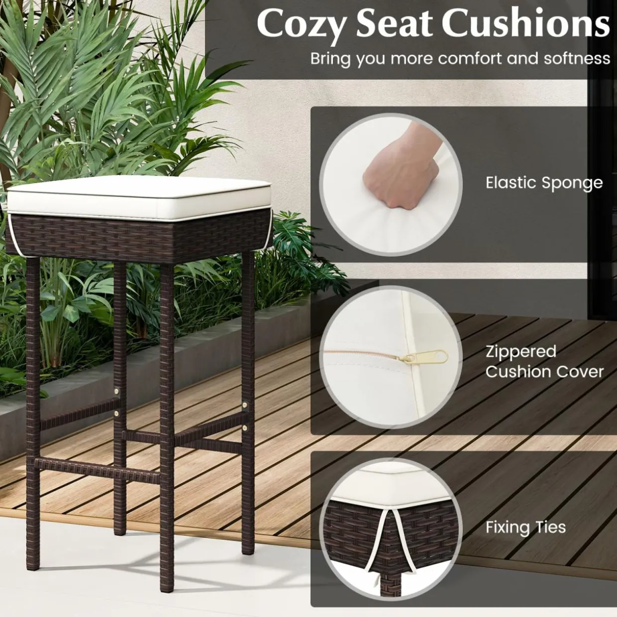 Tangkula Patio Rattan Barstools Set, Outdoor Wicker Bar Height Chairs with Footrest & Soft Cushions