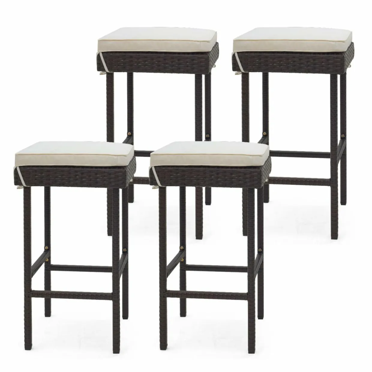 Tangkula Patio Rattan Barstools Set, Outdoor Wicker Bar Height Chairs with Footrest & Soft Cushions