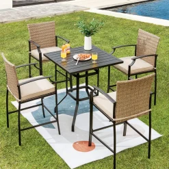 Tangkula Patio Rattan Bar Stools Set of 4, Outdoor Wicker Bar Height Chairs