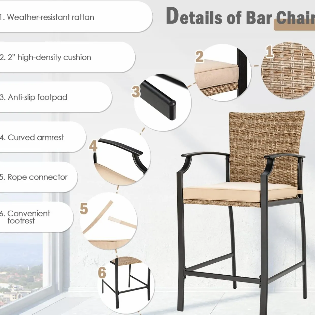 Tangkula Patio Rattan Bar Stools Set of 4, Outdoor Wicker Bar Height Chairs