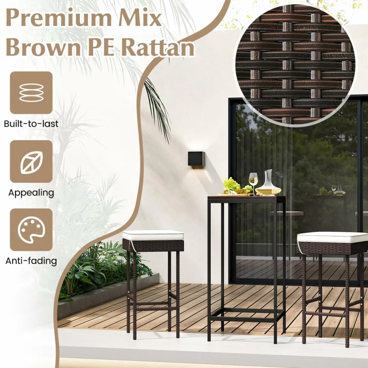 Tangkula Patio Rattan Barstools Set, Outdoor Wicker Bar Height Chairs with Footrest & Soft Cushions