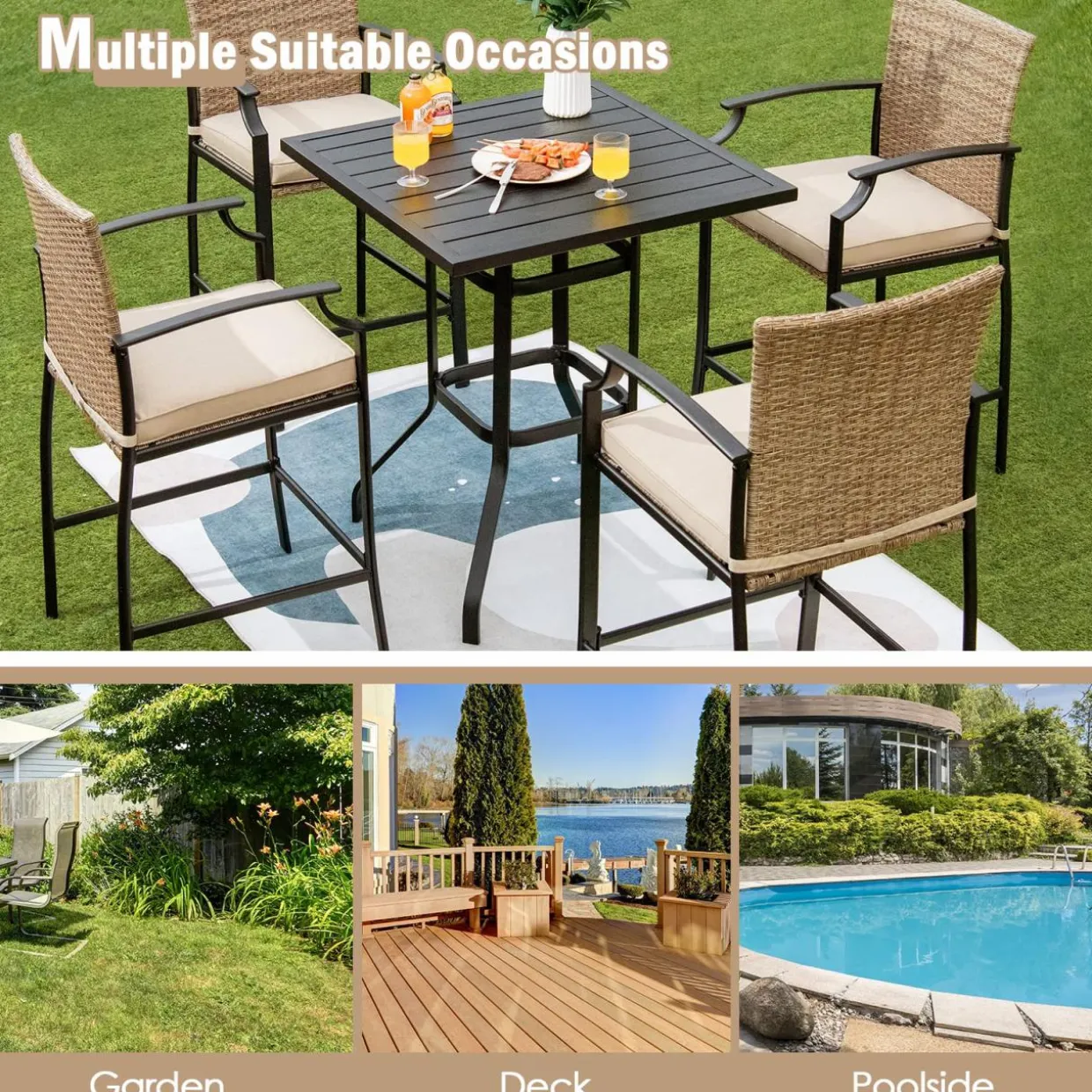 Tangkula Patio Rattan Bar Stools Set of 4, Outdoor Wicker Bar Height Chairs