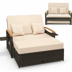 Tangkula Patio Rattan Daybed Set with Cushioned Loveseat and Storage Ottoman
