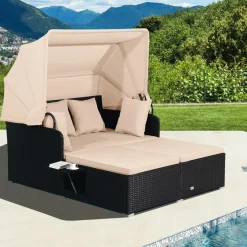 Tangkula Patio Rattan Daybed, Wicker Daybed Lounger w/Retractable Canopy, 2 Foldable Side Panels