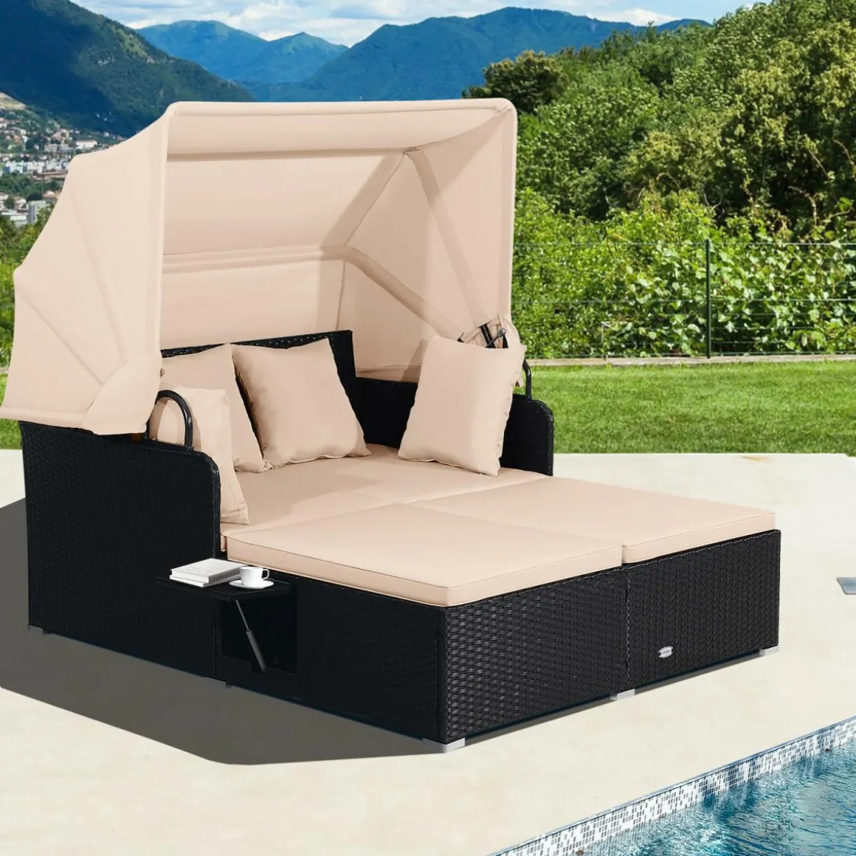 Tangkula Patio Rattan Daybed, Wicker Daybed Lounger w/Retractable Canopy, 2 Foldable Side Panels