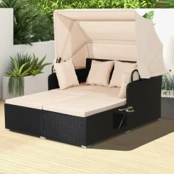 Tangkula Patio Rattan Daybed, Wicker Daybed Lounger w/Retractable Canopy, 2 Foldable Side Panels