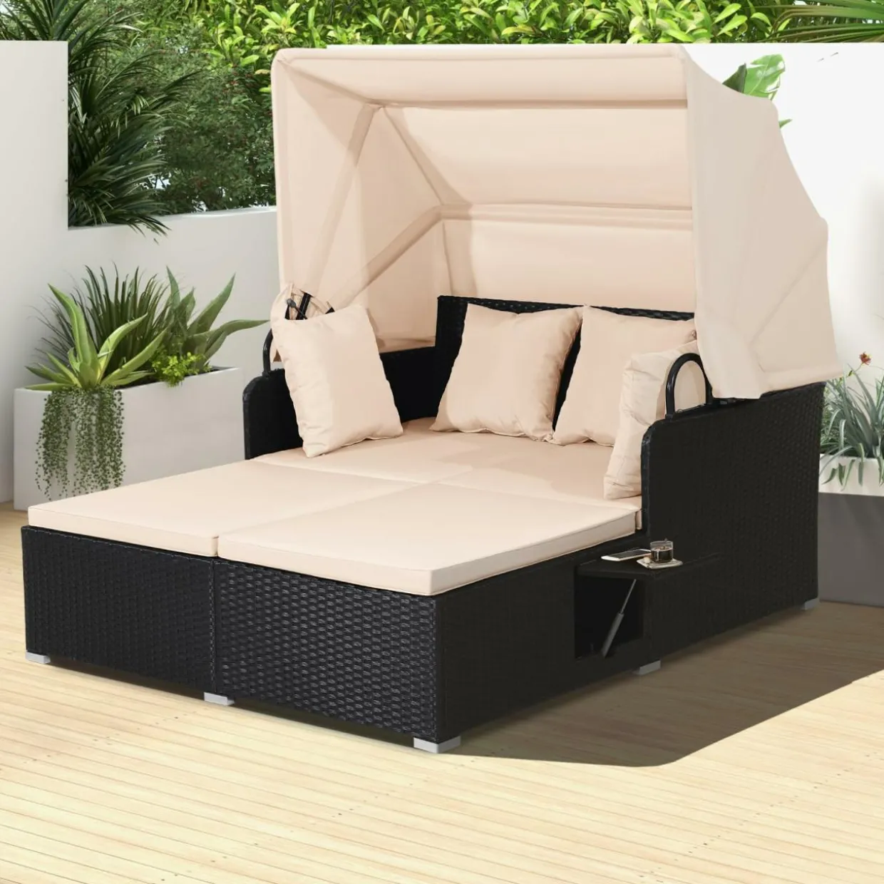 Tangkula Patio Rattan Daybed, Wicker Daybed Lounger w/Retractable Canopy, 2 Foldable Side Panels