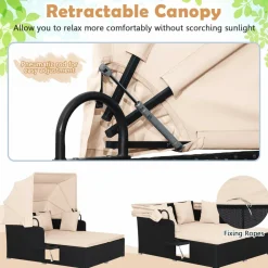 Tangkula Patio Rattan Daybed, Wicker Daybed Lounger w/Retractable Canopy, 2 Foldable Side Panels
