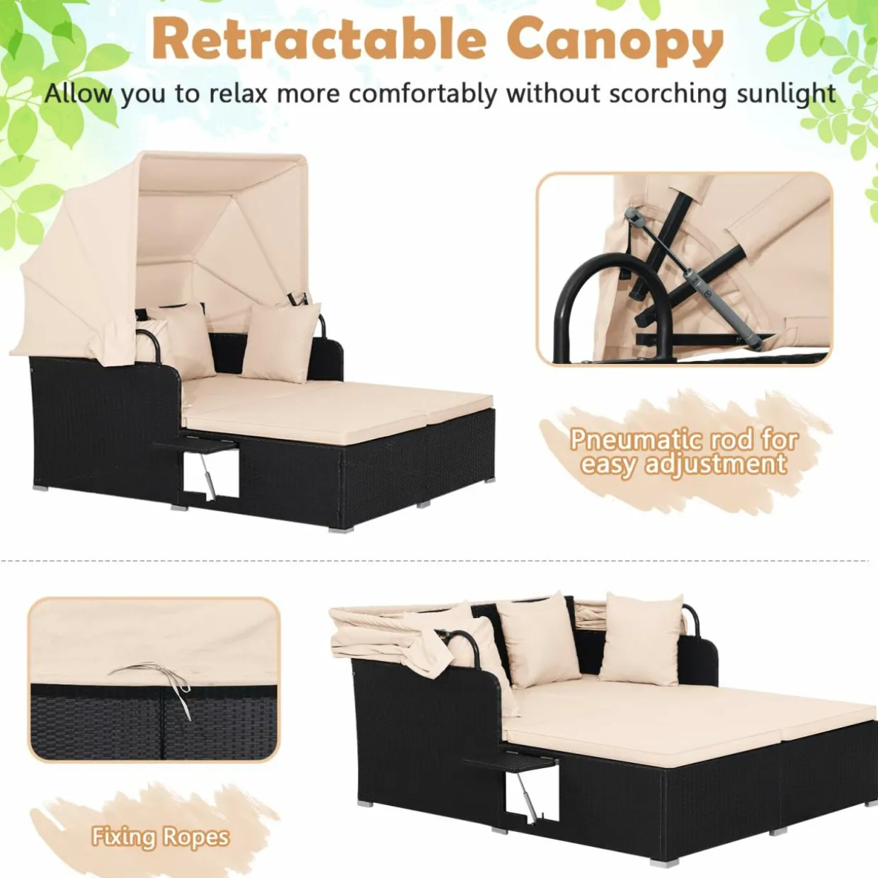 Tangkula Patio Rattan Daybed, Wicker Daybed Lounger w/Retractable Canopy, 2 Foldable Side Panels