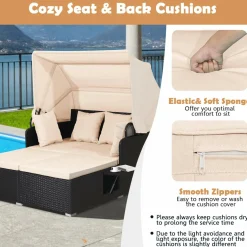 Tangkula Patio Rattan Daybed, Wicker Daybed Lounger w/Retractable Canopy, 2 Foldable Side Panels