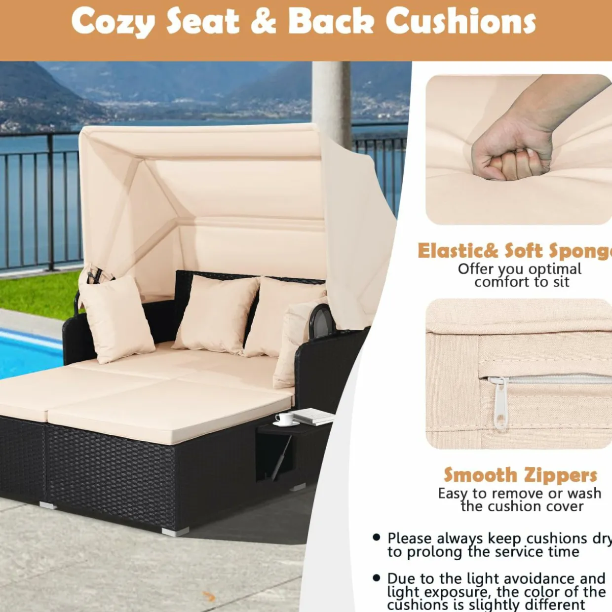 Tangkula Patio Rattan Daybed, Wicker Daybed Lounger w/Retractable Canopy, 2 Foldable Side Panels