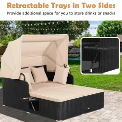 Tangkula Patio Rattan Daybed, Wicker Daybed Lounger w/Retractable Canopy, 2 Foldable Side Panels