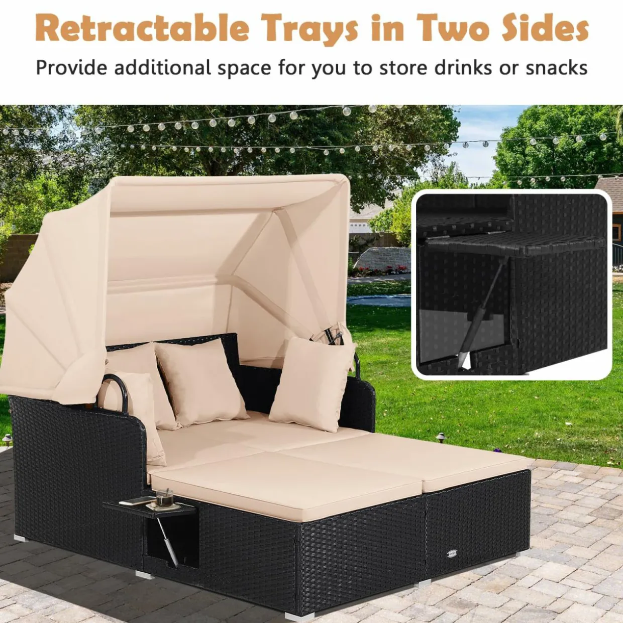 Tangkula Patio Rattan Daybed, Wicker Daybed Lounger w/Retractable Canopy, 2 Foldable Side Panels