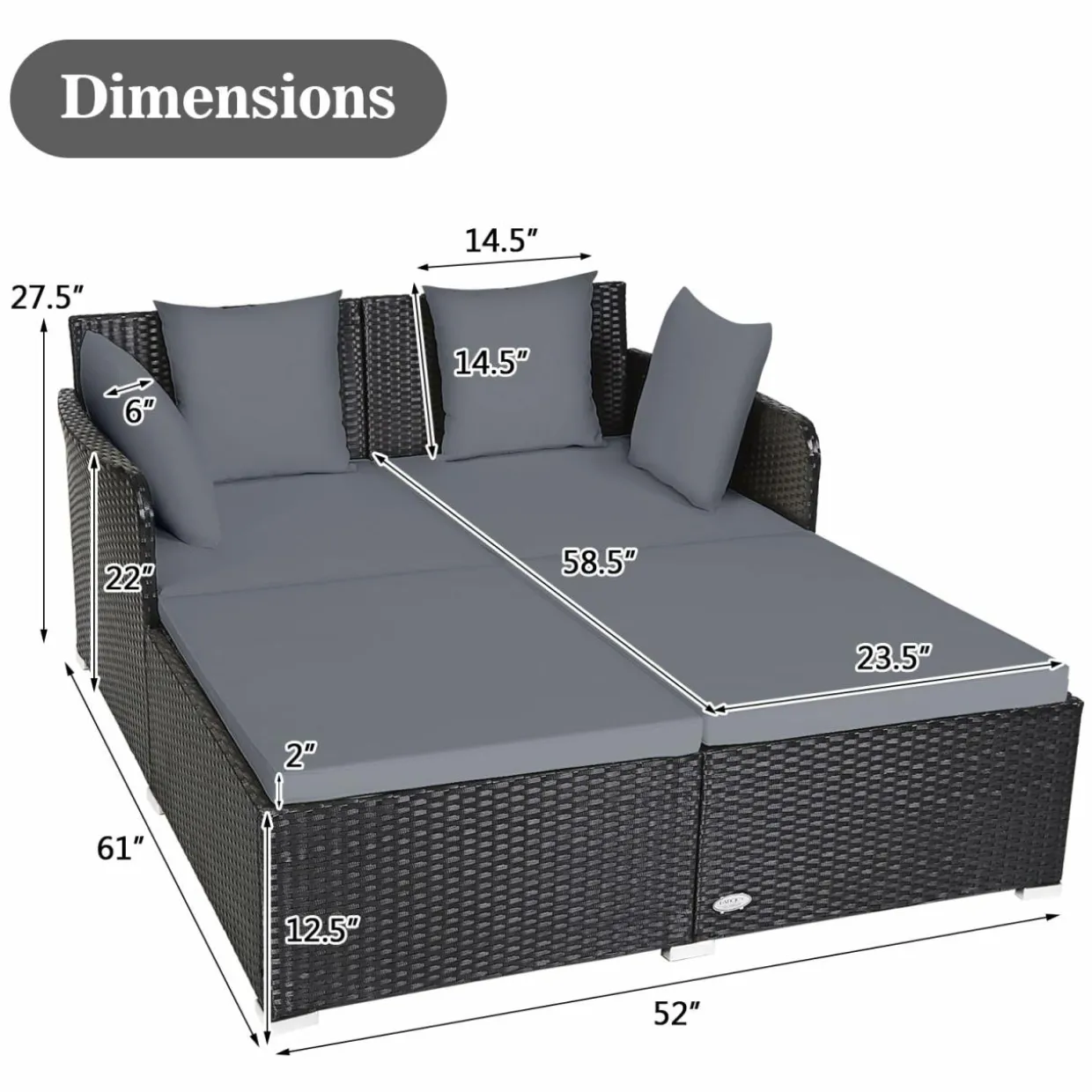 Tangkula Patio Rattan Daybed, Patiojoy Outdoor Sunbed with Spacious Seat (Grey)