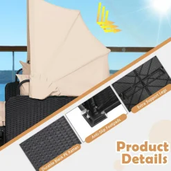 Tangkula Patio Rattan Daybed, Wicker Daybed Lounger w/Retractable Canopy, 2 Foldable Side Panels