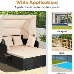 Tangkula Patio Rattan Daybed, Wicker Daybed Lounger w/Retractable Canopy, 2 Foldable Side Panels