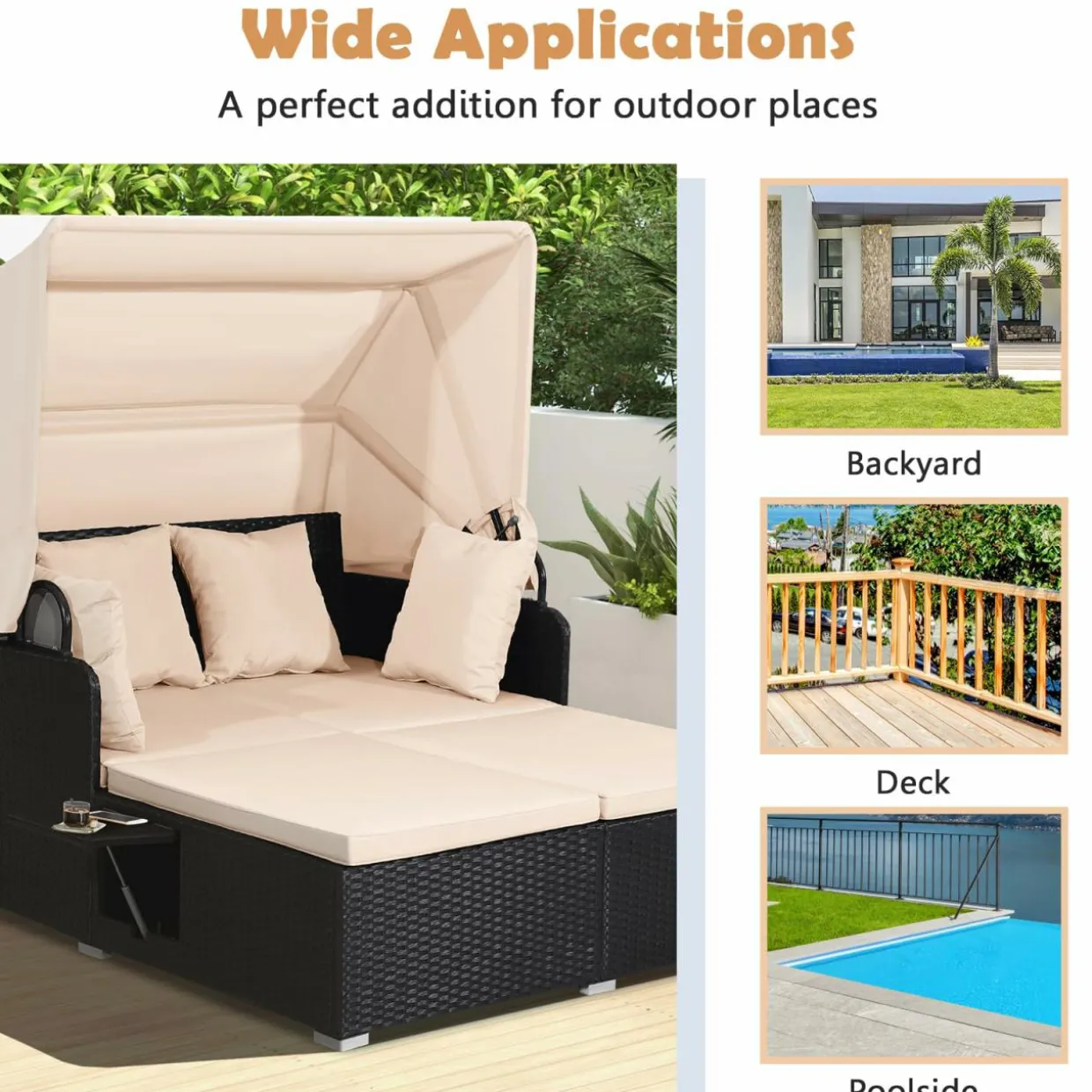 Tangkula Patio Rattan Daybed, Wicker Daybed Lounger w/Retractable Canopy, 2 Foldable Side Panels