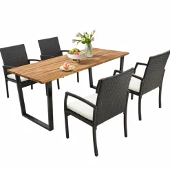 Tangkula Patio Rattan Dining Set, Acacia Wood Tabletop w/Umbrella Hole