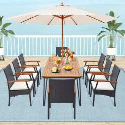 Tangkula Patio Rattan Dining Set for 8, Acacia Wood Table Top