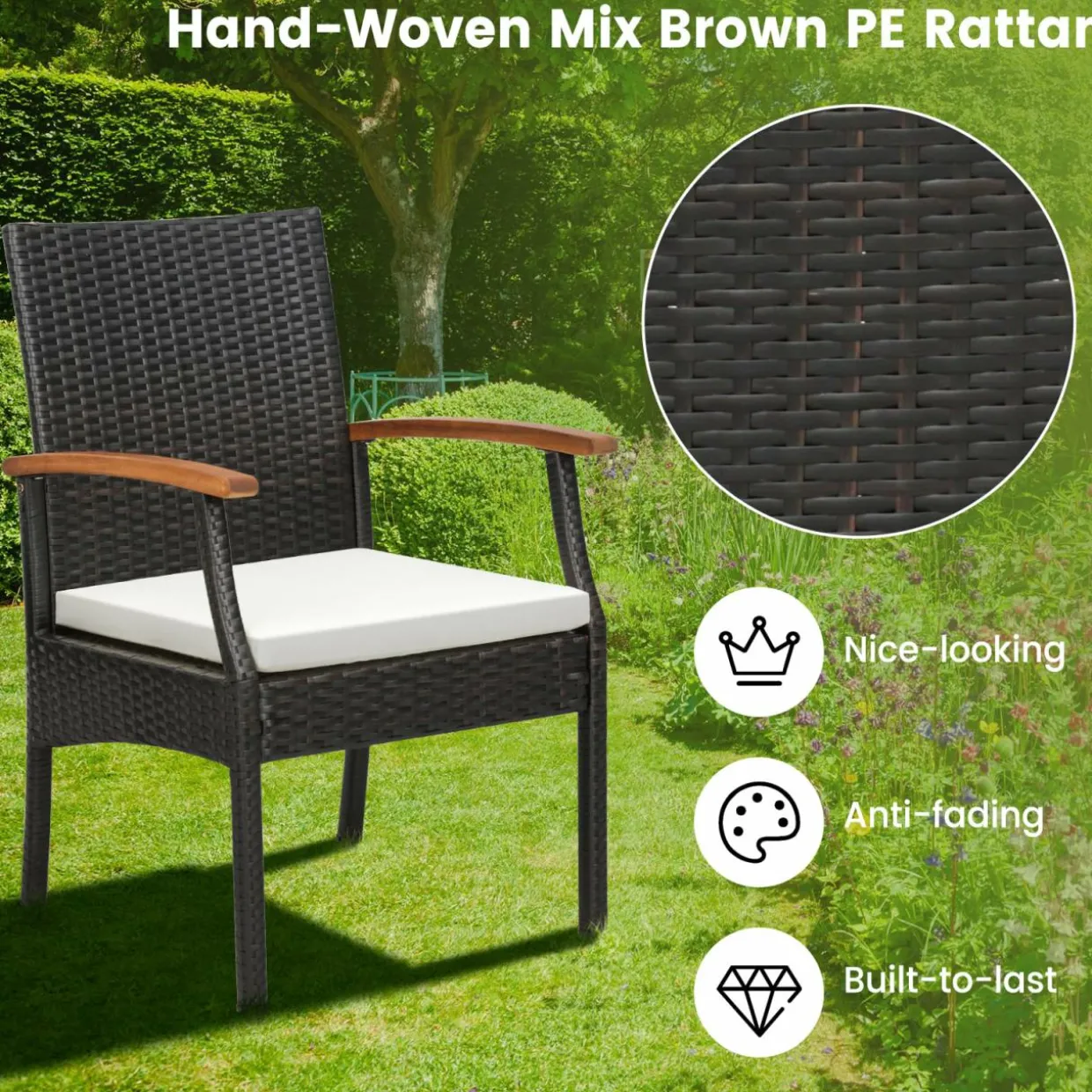 Tangkula Patio Rattan Dining Set for 8, Acacia Wood Table Top