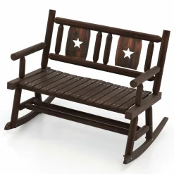 Tangkula Patio Rocking Bench, Carbonized Wood Double Rocker Chair with Ergonomic Seat