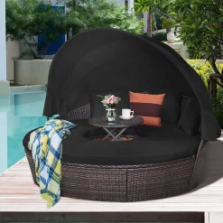 Tangkula Patio Round Daybed with Retractable Canopy, Outdoor Wicker Rattan Furniture Sets