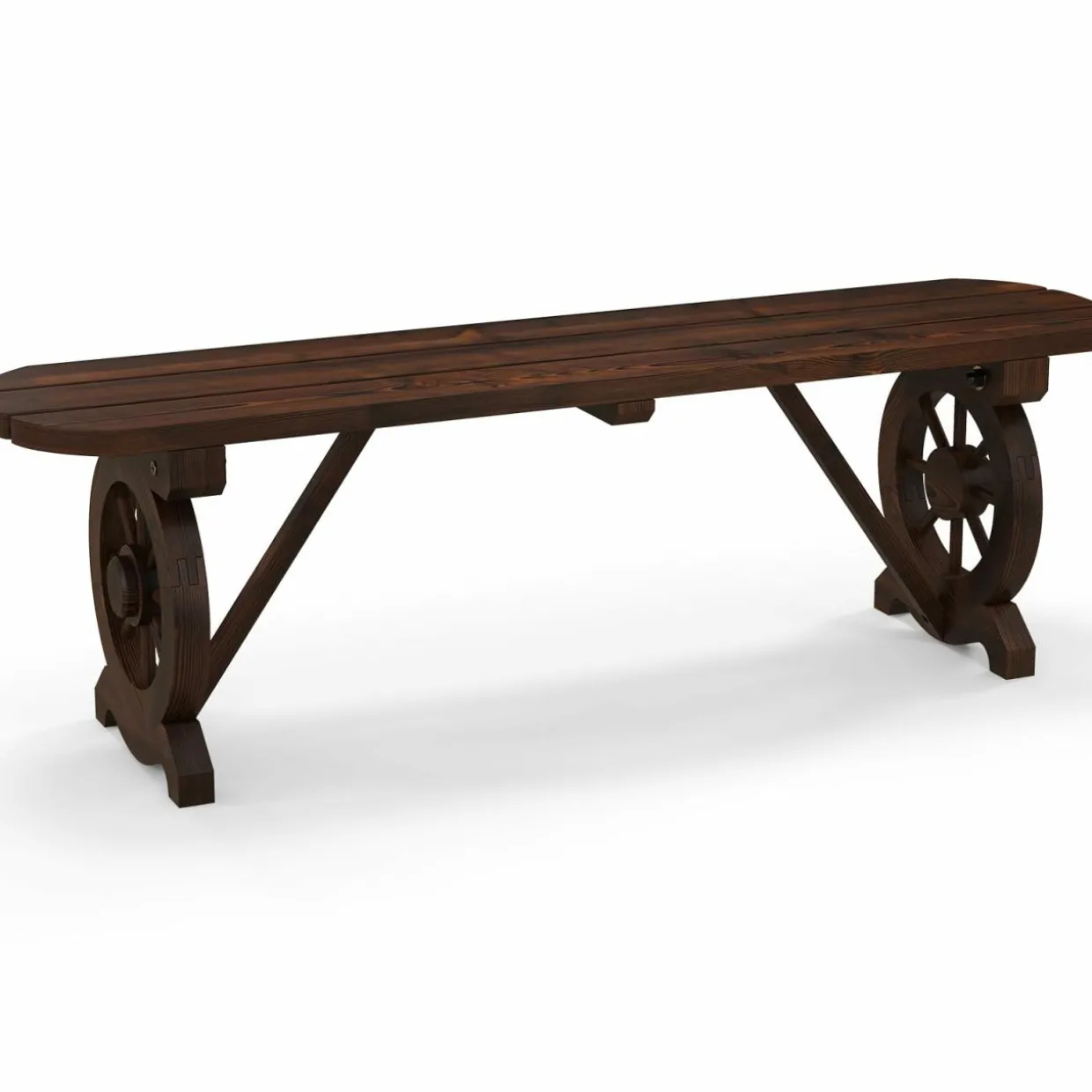 Tangkula Patio Rustic Wood Bench, Carbonized Wood Long Bench with Wagon Wheel Base, Slatted Seat Design