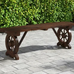 Tangkula Patio Rustic Wood Bench, Carbonized Wood Long Bench with Wagon Wheel Base, Slatted Seat Design