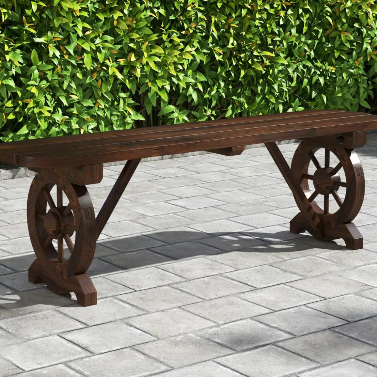 Tangkula Patio Rustic Wood Bench, Carbonized Wood Long Bench with Wagon Wheel Base, Slatted Seat Design