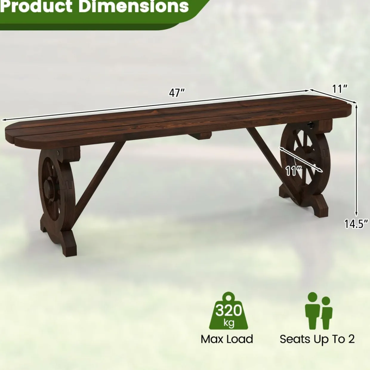 Tangkula Patio Rustic Wood Bench, Carbonized Wood Long Bench with Wagon Wheel Base, Slatted Seat Design