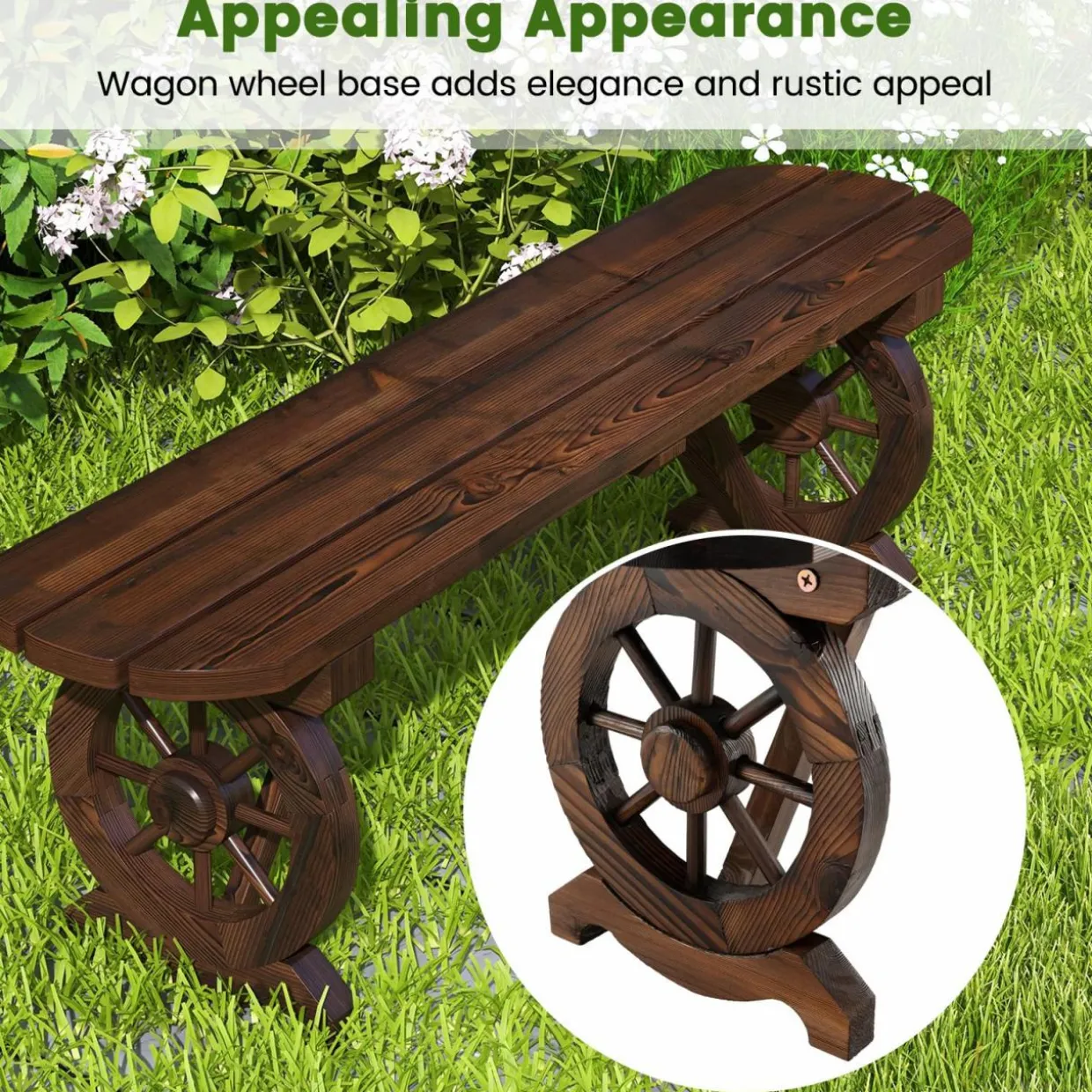 Tangkula Patio Rustic Wood Bench, Carbonized Wood Long Bench with Wagon Wheel Base, Slatted Seat Design
