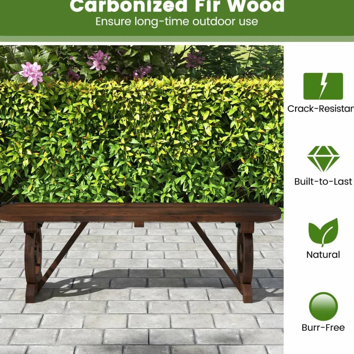 Tangkula Patio Rustic Wood Bench, Carbonized Wood Long Bench with Wagon Wheel Base, Slatted Seat Design