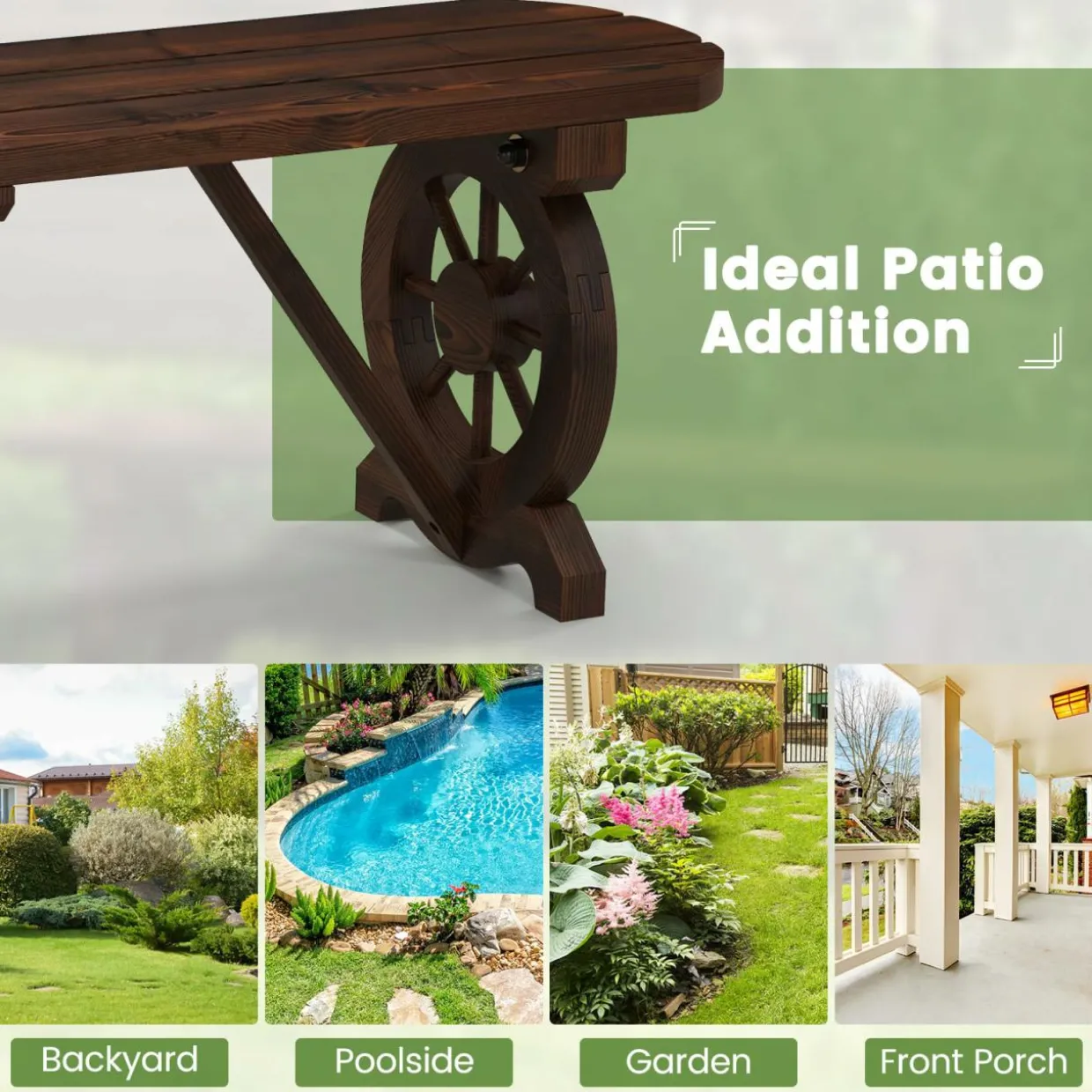 Tangkula Patio Rustic Wood Bench, Carbonized Wood Long Bench with Wagon Wheel Base, Slatted Seat Design