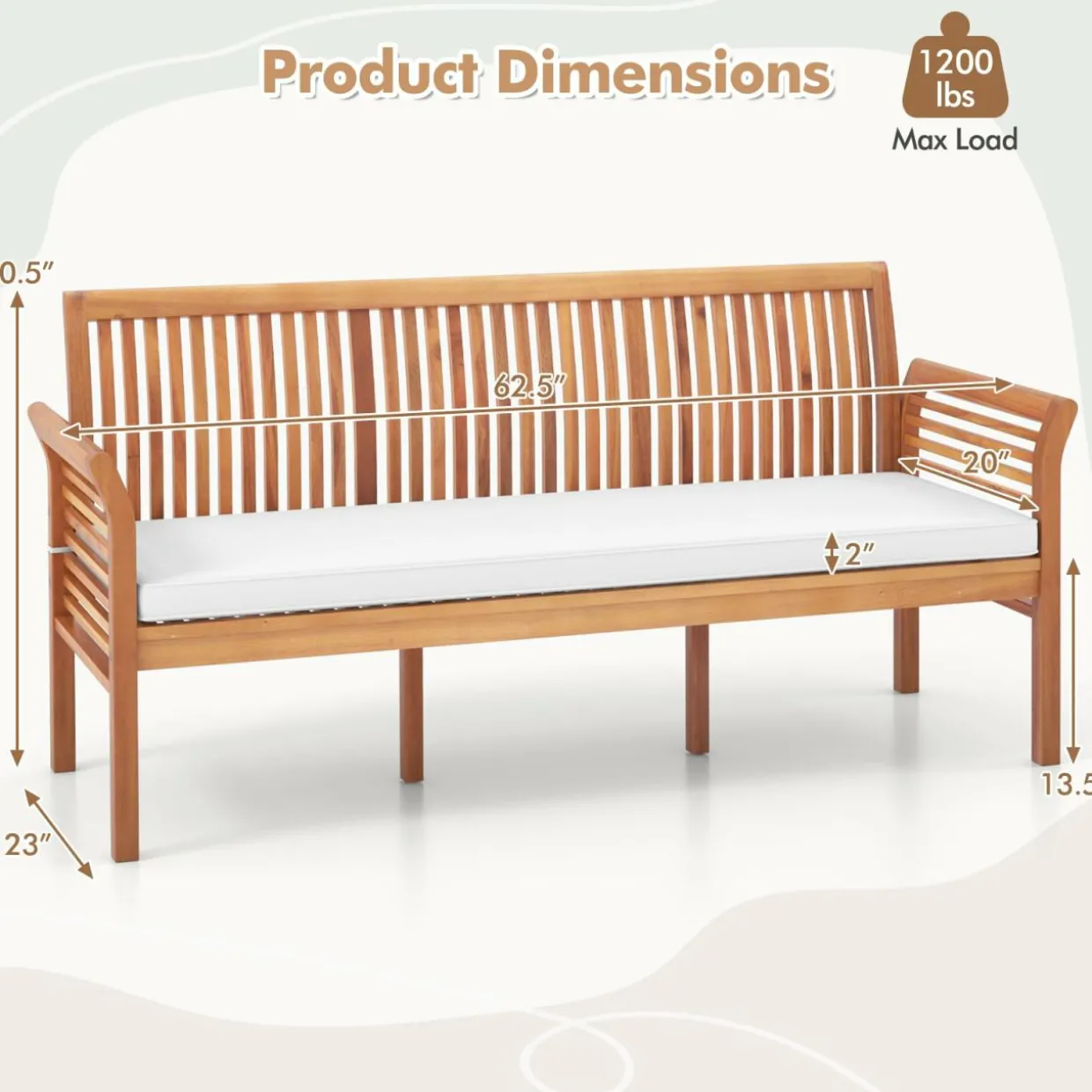 Tangkula Patio 3-Seat Wood Bench, 62.5 Inches Long Acacia Bench with Soft Seat Cushions