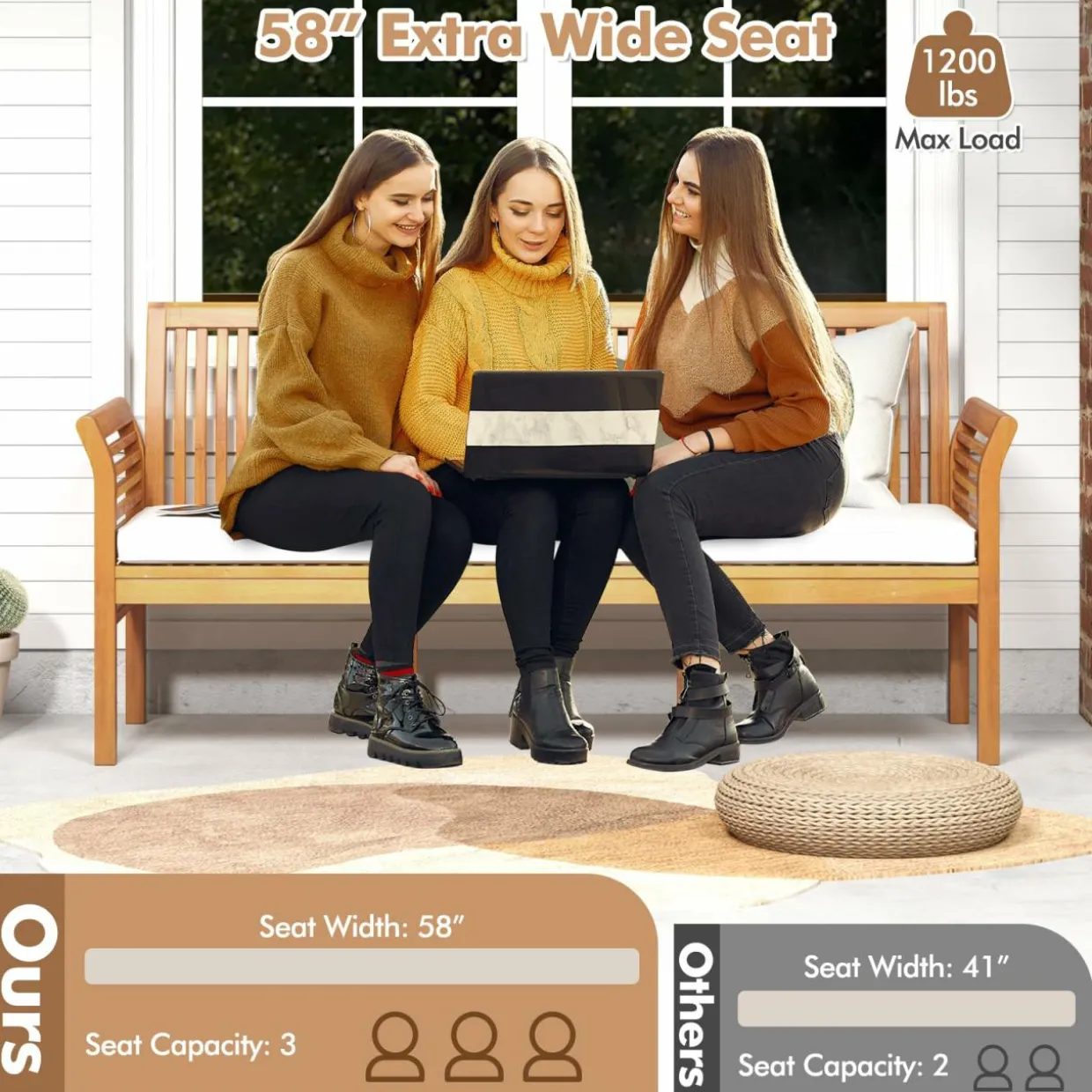 Tangkula Patio 3-Seat Wood Bench, 62.5 Inches Long Acacia Bench with Soft Seat Cushions