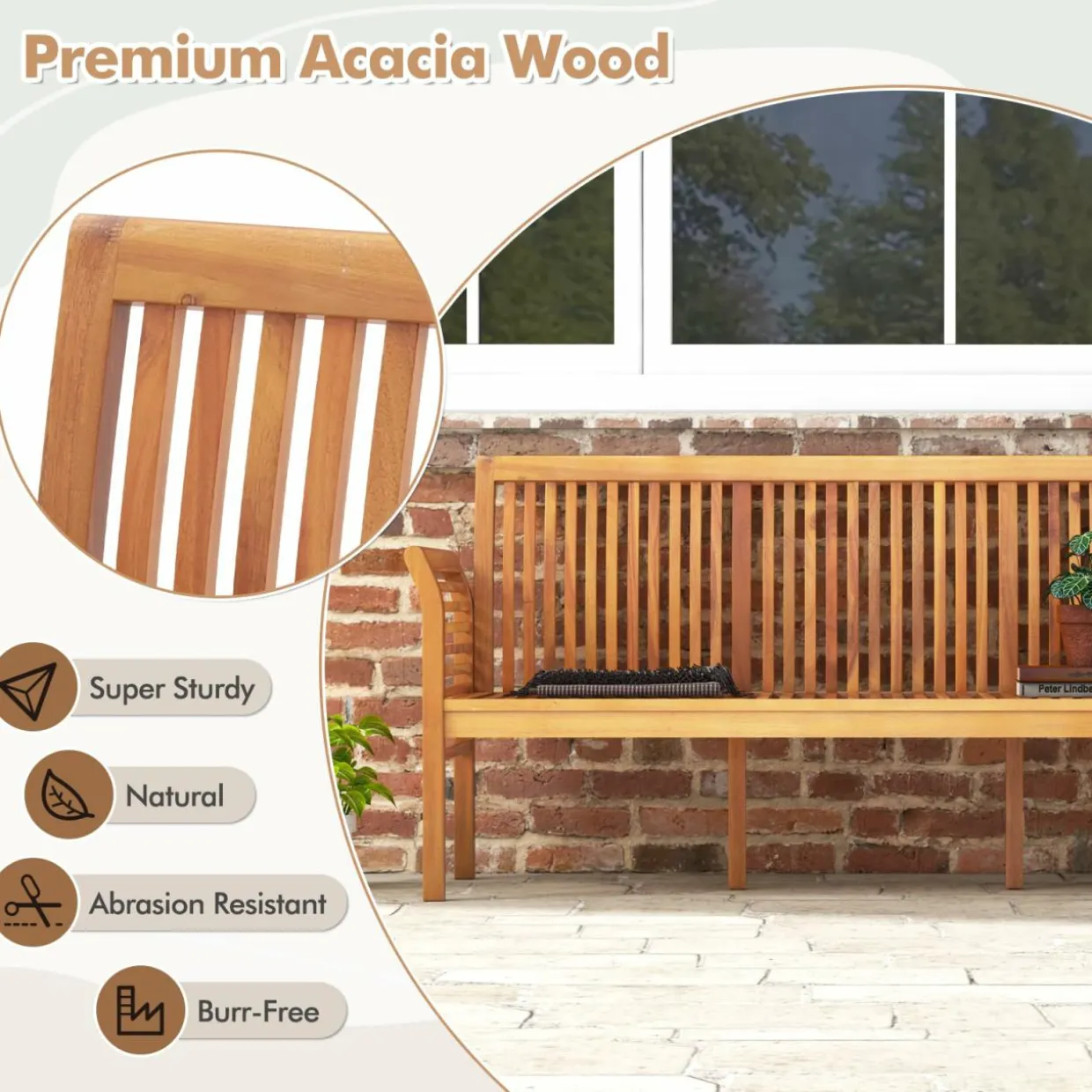 Tangkula Patio 3-Seat Wood Bench, 62.5 Inches Long Acacia Bench with Soft Seat Cushions