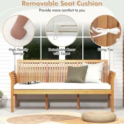 Tangkula Patio 3-Seat Wood Bench, 62.5 Inches Long Acacia Bench with Soft Seat Cushions