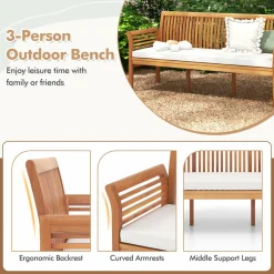 Tangkula Patio 3-Seat Wood Bench, 62.5 Inches Long Acacia Bench with Soft Seat Cushions
