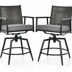 Tangkula Patio Swivel Bar Stools Set of 2, Outdoor Counter Height Bar Chairs with PE Rattan Back