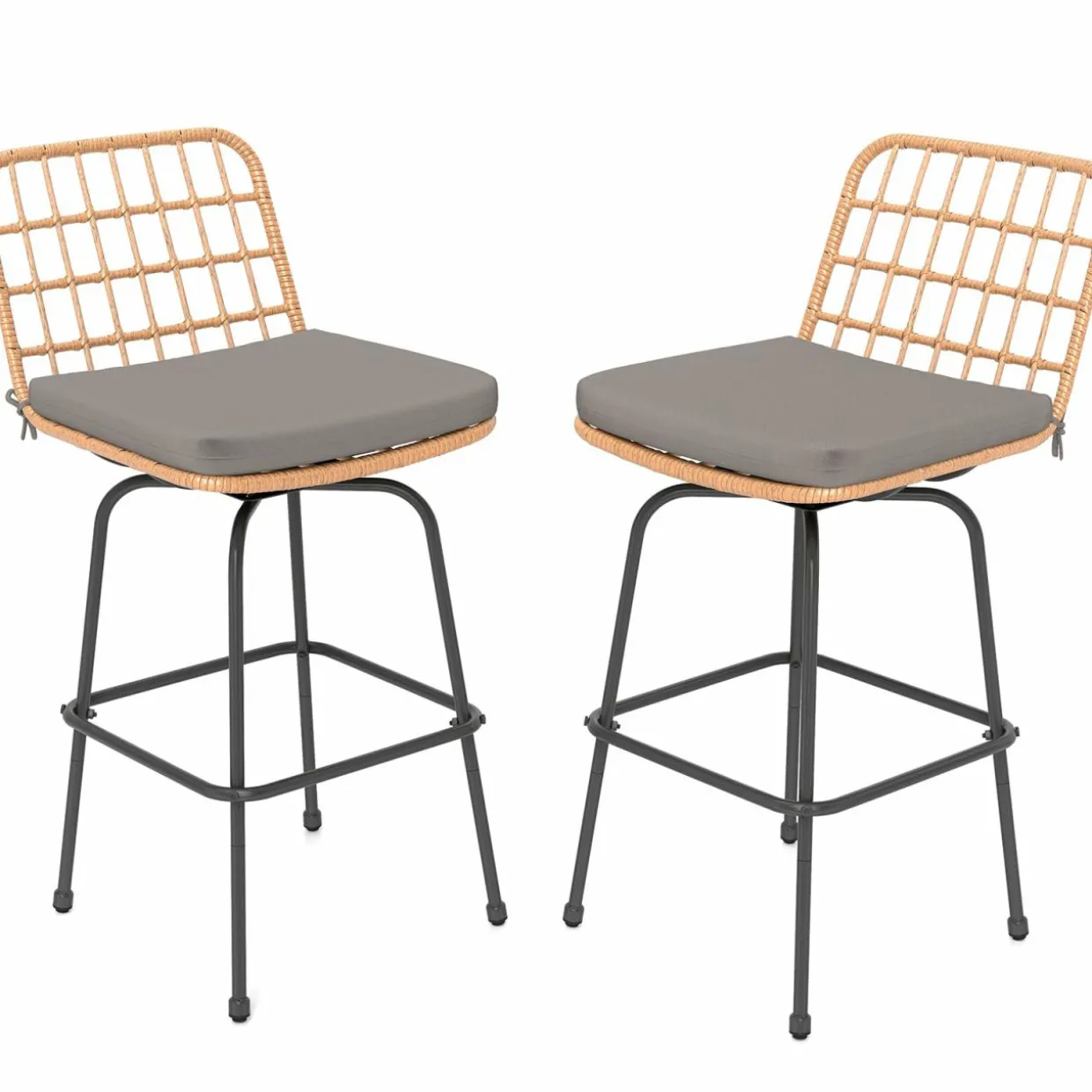 Tangkula Patio Swivel Barstools, Wicker Bar Height Chairs w/Soft Seat Cushions