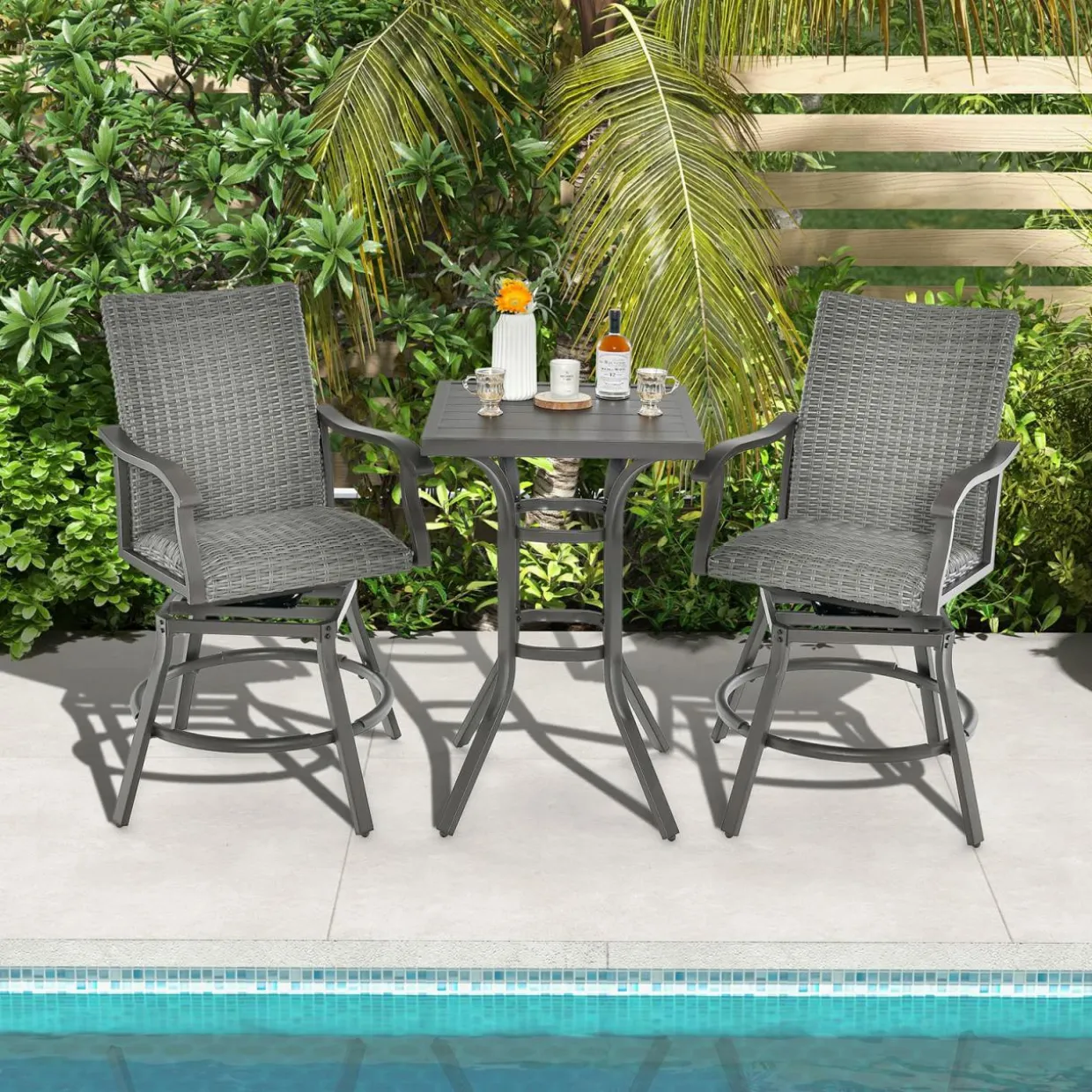 Tangkula Patio Swivel Bar Chairs Set of 2, Aluminum 360 Swiveling Bar Height Chair with 4D Air Fiber Cushion