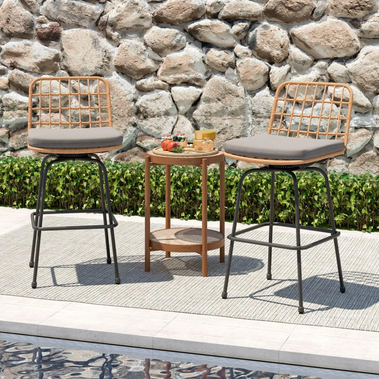 Tangkula Patio Swivel Barstools, Wicker Bar Height Chairs w/Soft Seat Cushions