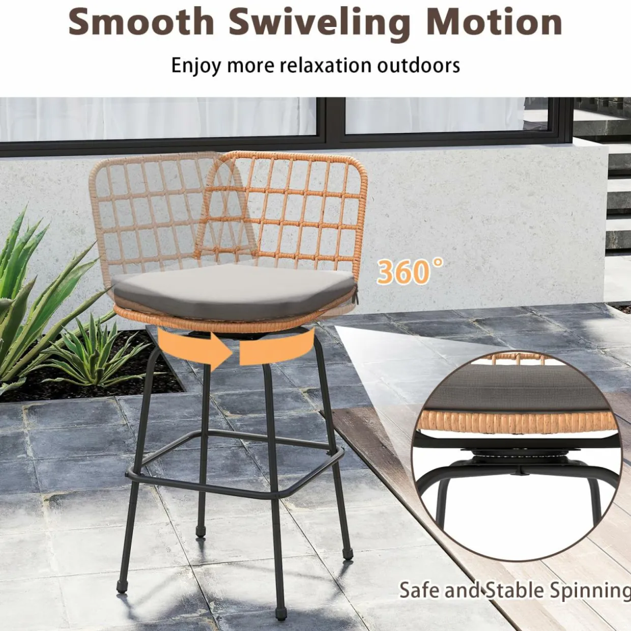 Tangkula Patio Swivel Barstools, Wicker Bar Height Chairs w/Soft Seat Cushions