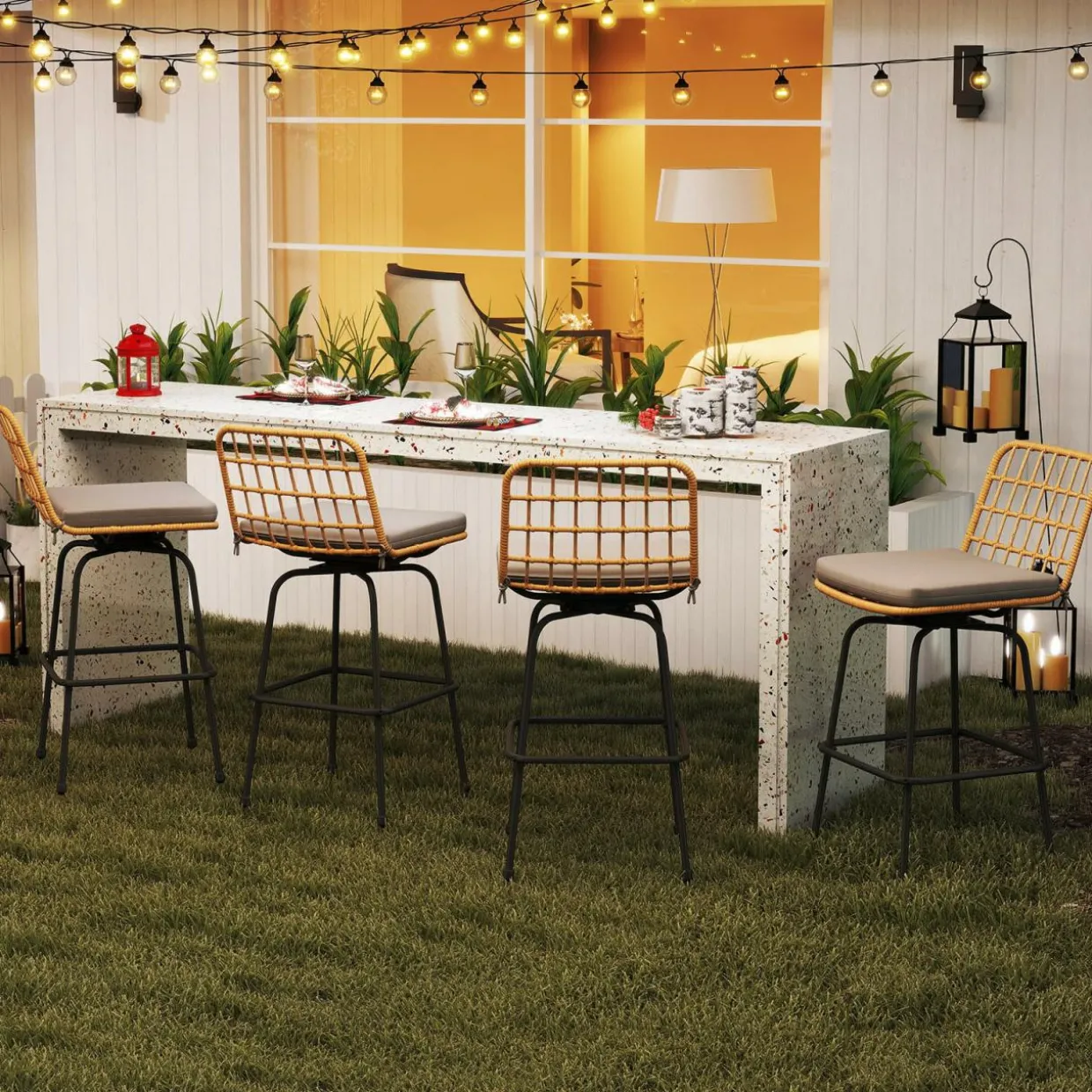 Tangkula Patio Swivel Barstools, Wicker Bar Height Chairs w/Soft Seat Cushions