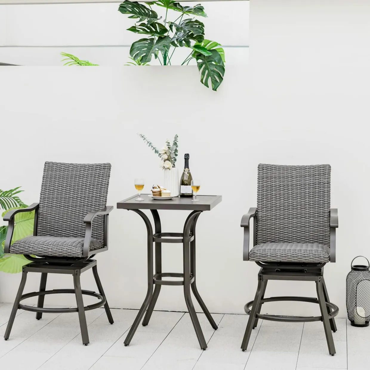 Tangkula Patio Swivel Bar Chairs Set of 2, Aluminum 360 Swiveling Bar Height Chair with 4D Air Fiber Cushion