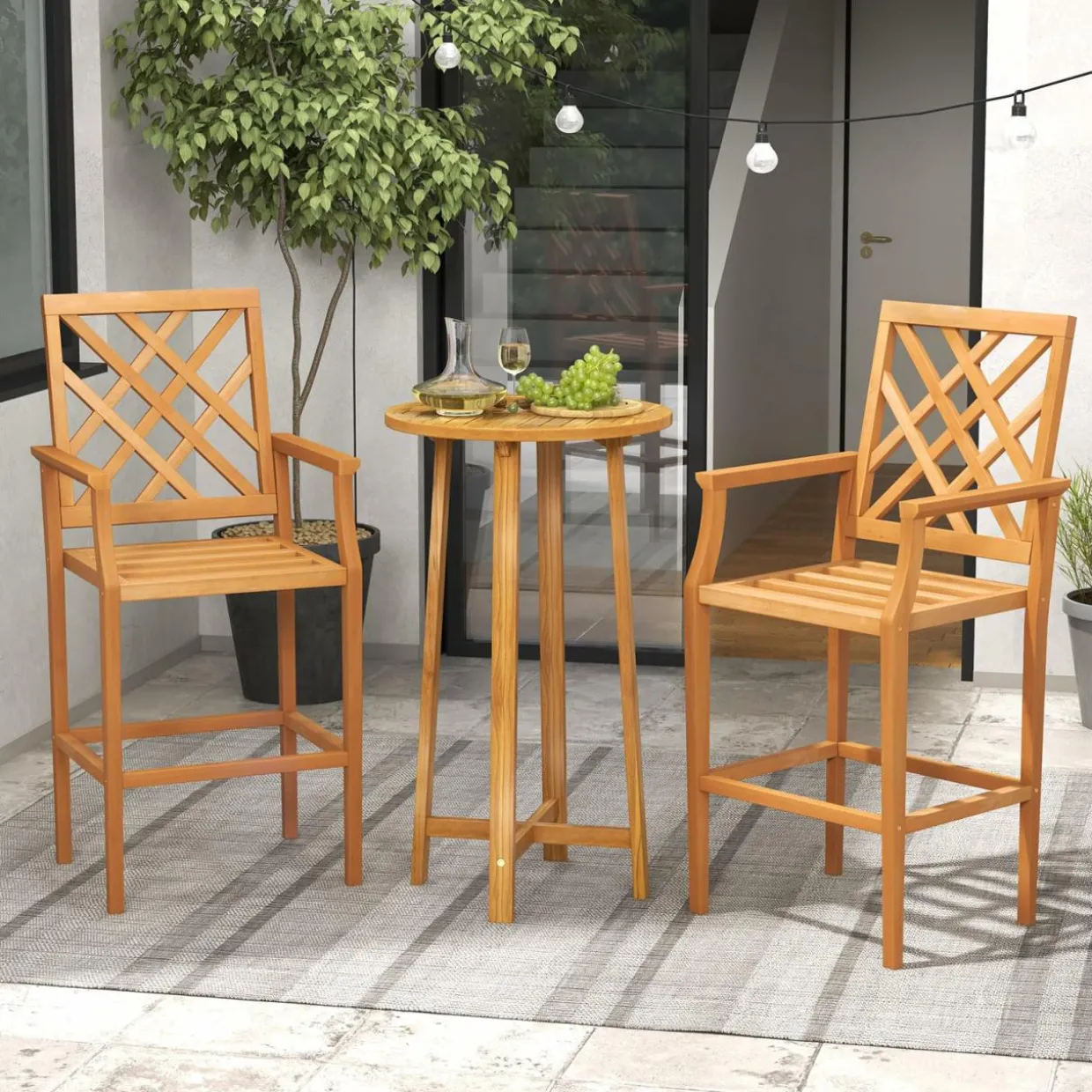Tangkula Patio Teak Wood Bar Stool, Outdoor Counter Height Chair w/Ergonomic Backrest, Armrests & Footrest