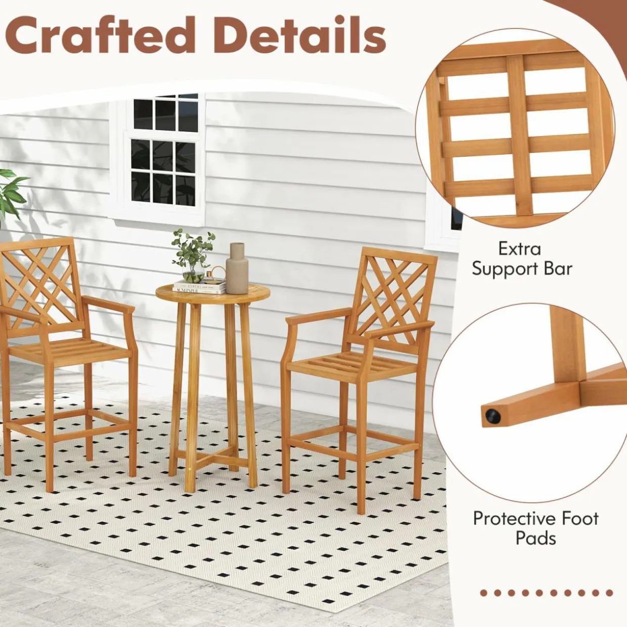 Tangkula Patio Teak Wood Bar Stool, Outdoor Counter Height Chair w/Ergonomic Backrest, Armrests & Footrest