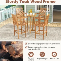 Tangkula Patio Teak Wood Bar Stool, Outdoor Counter Height Chair w/Ergonomic Backrest, Armrests & Footrest