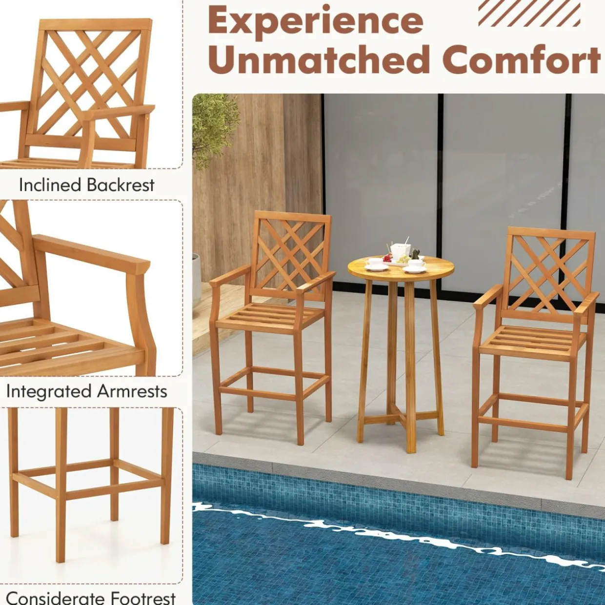 Tangkula Patio Teak Wood Bar Stool, Outdoor Counter Height Chair w/Ergonomic Backrest, Armrests & Footrest